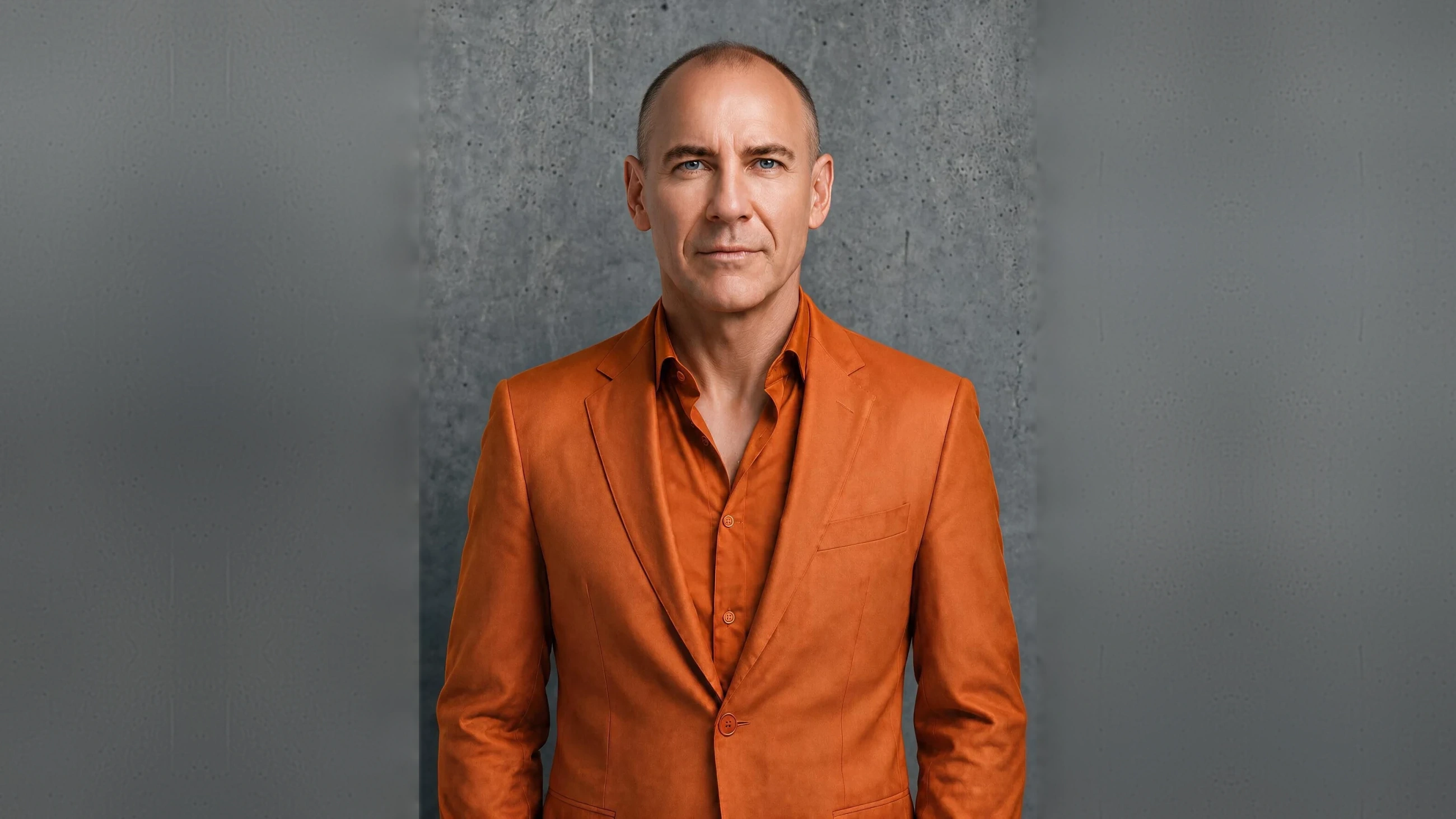 Portrait d'Alexis Choron, veste orange sur fond de béton gris