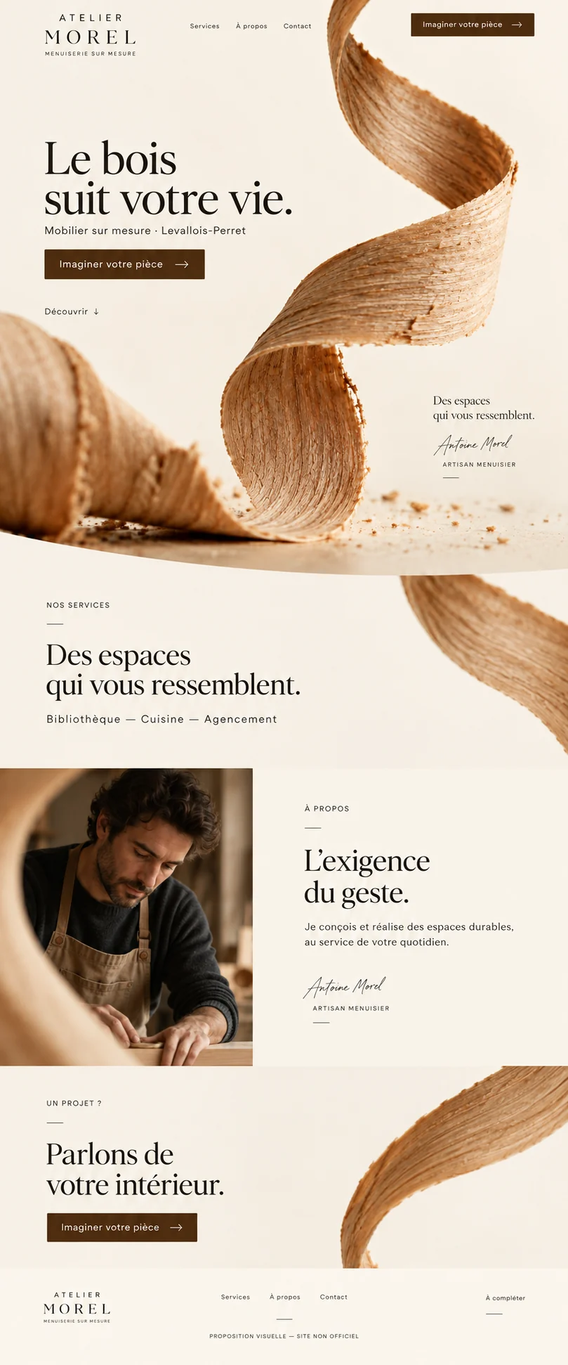Site complet d’artisan menuisier, de la page d’accueil au pied de page