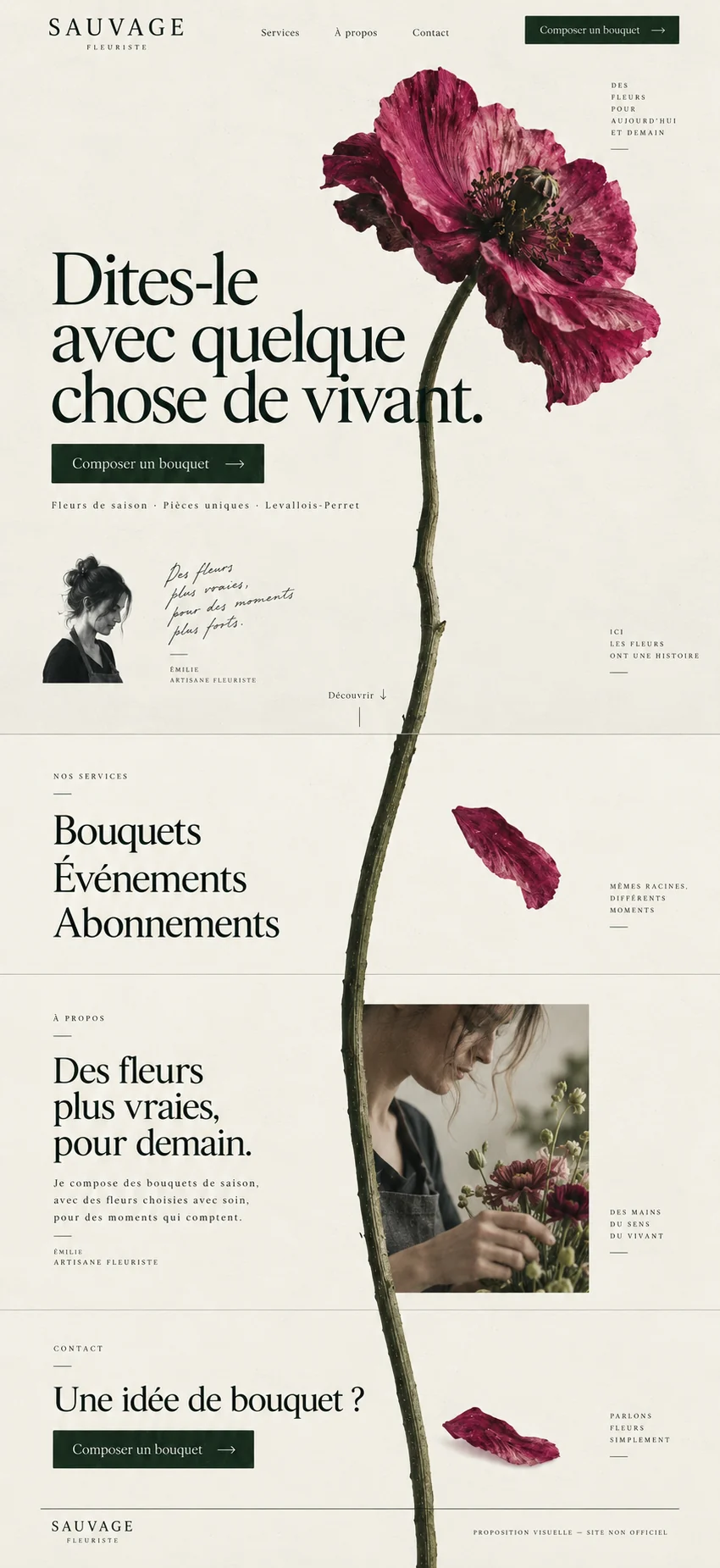 Site complet de fleuriste, de la page d’accueil au pied de page